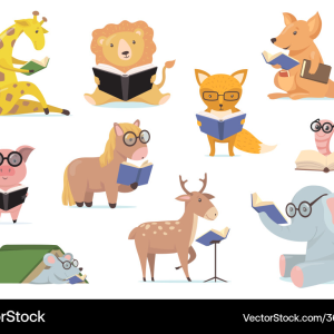 Vector Set of Cute Cartoon Animals reading Books