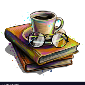 Cartoon Stack of Books with Eyeglasses and Cup