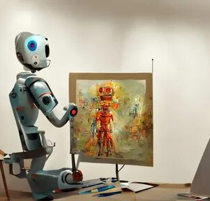 AI robot artist standing and drawing picture